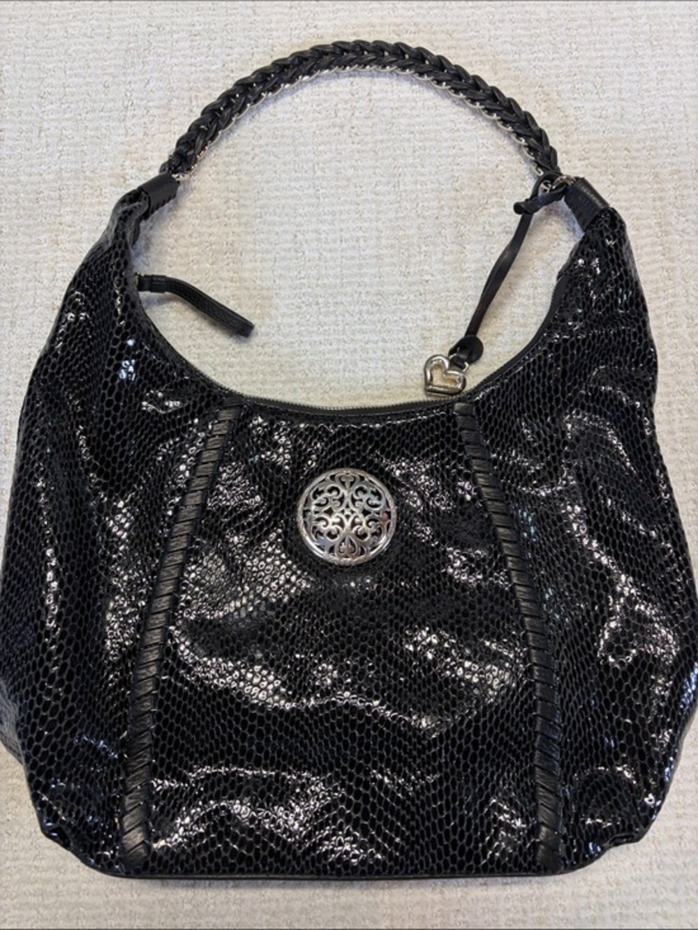 Brighton Black Leather Snakeskin Hobo Shoulder Bag Heart Charm